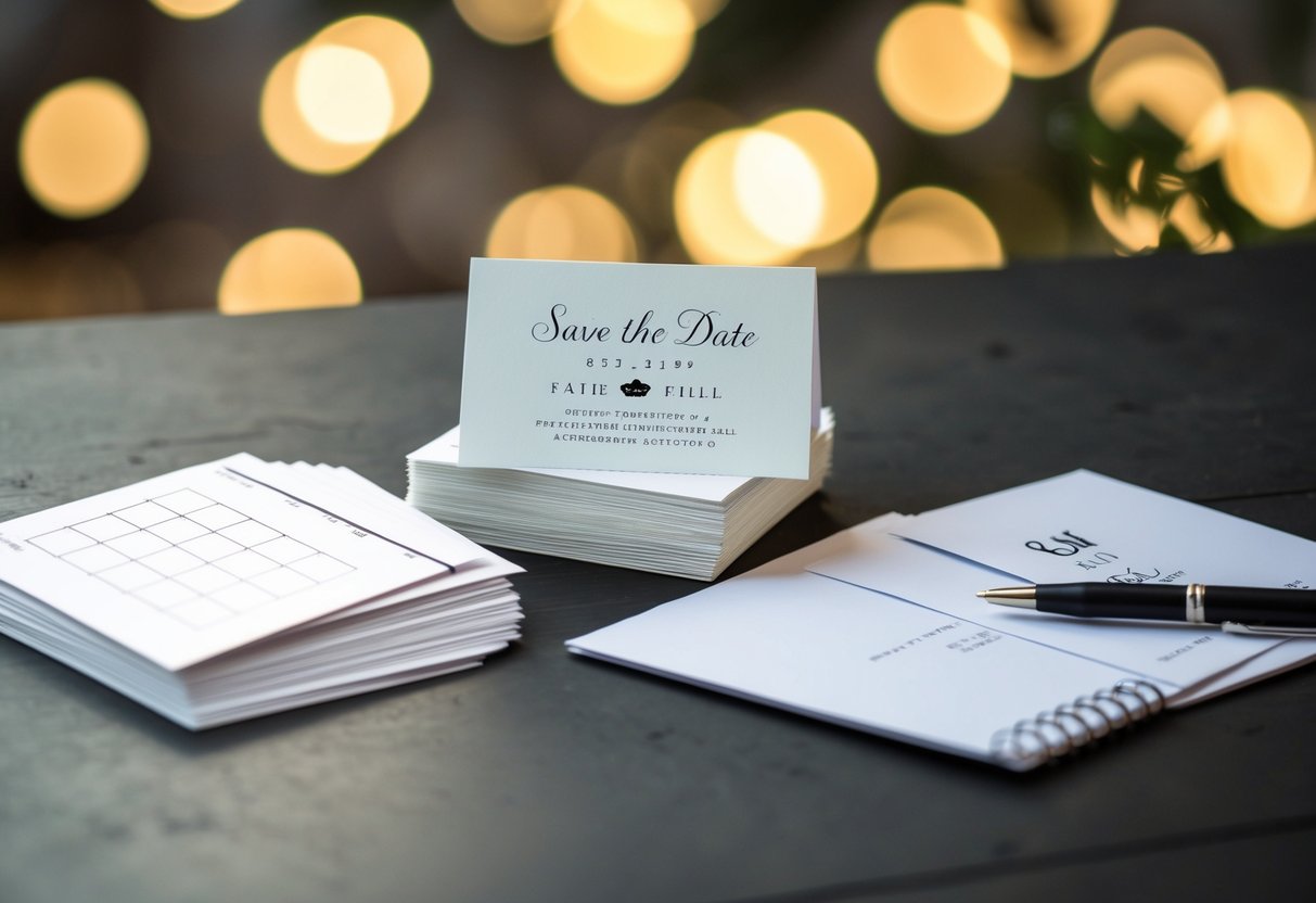 A stack of save the date cards next to a pile of RSVP envelopes, with a calendar and pen nearby