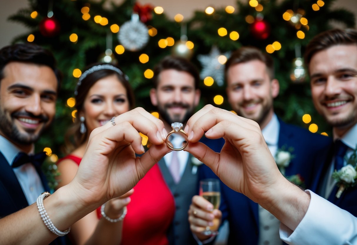 A couple's hands holding up their wedding rings, surrounded by festive decorations and smiling guests