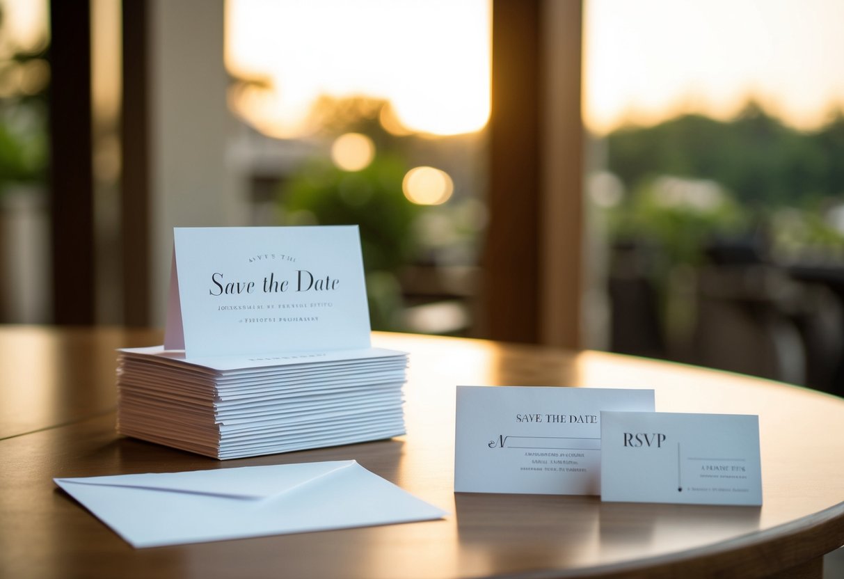 A stack of save the date cards and RSVP envelopes on a table