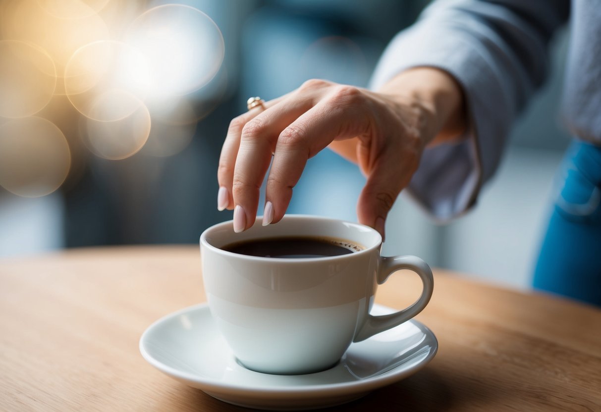 A woman's hand reaching for a cup of coffee, with a bare ring finger