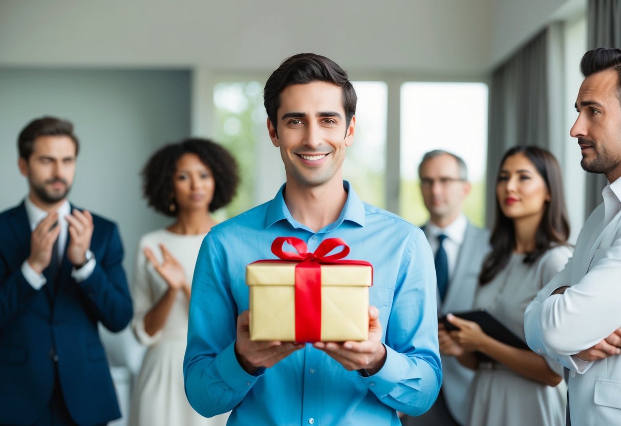 A person holding a gift not on a wedding registry, while others look on disapprovingly