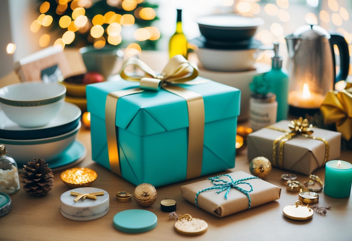 A beautifully wrapped gift box surrounded by various items like kitchenware, home decor, and personalized gifts, all with a sense of thoughtfulness and care