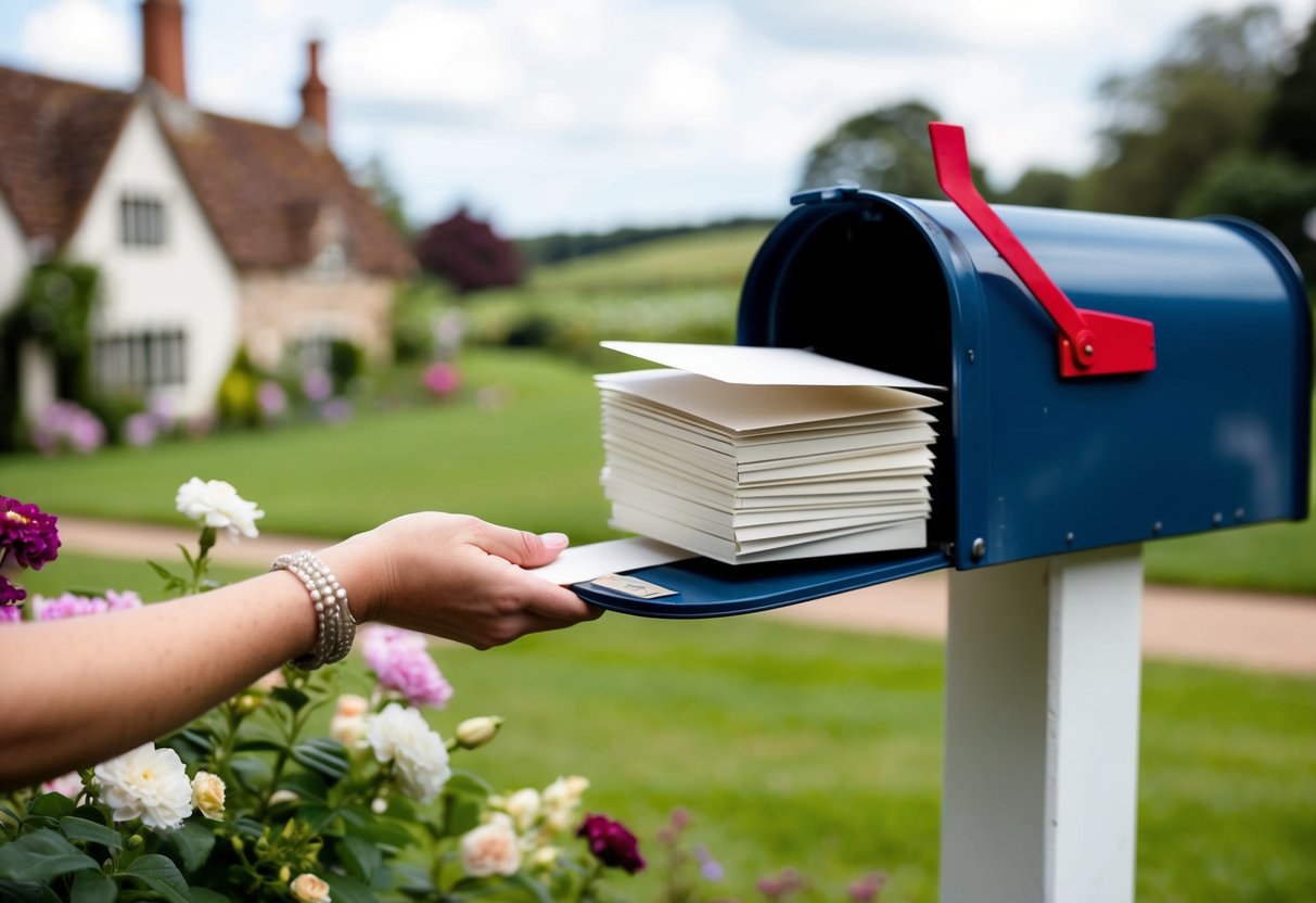 A hand placing a stack of elegant wedding invitations into a mailbox, surrounded by blooming flowers and a quaint English countryside backdrop