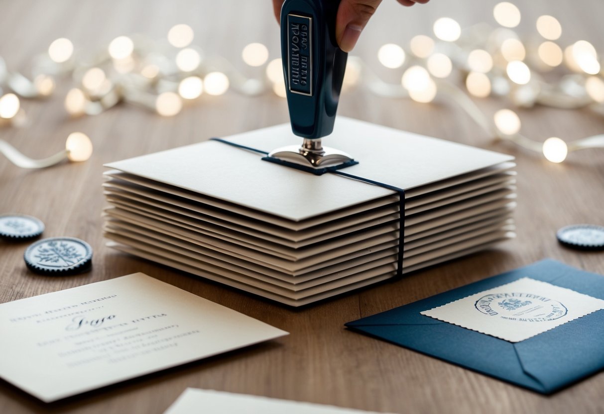 A stack of elegant wedding invitations being sealed and stamped with a UK postage mark