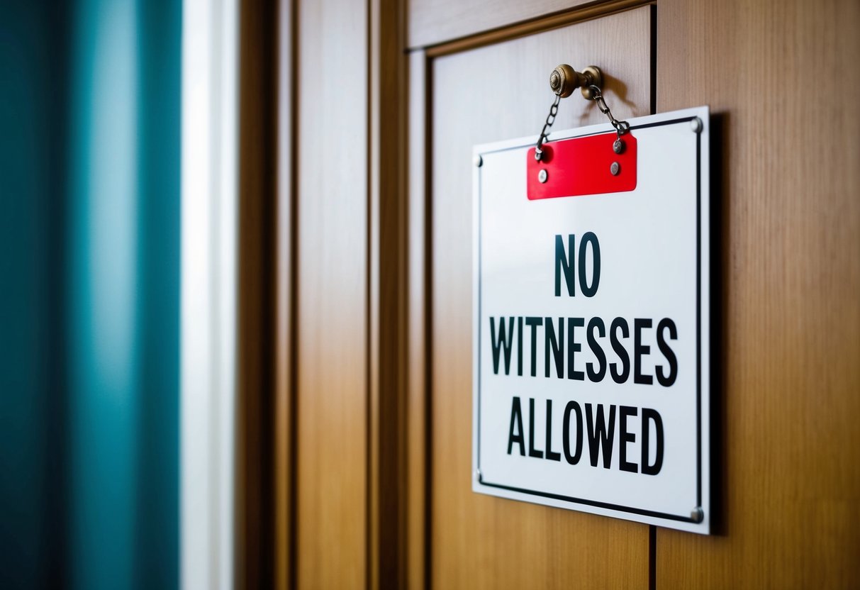 A closed courtroom door with a sign reading "No Witnesses Allowed"