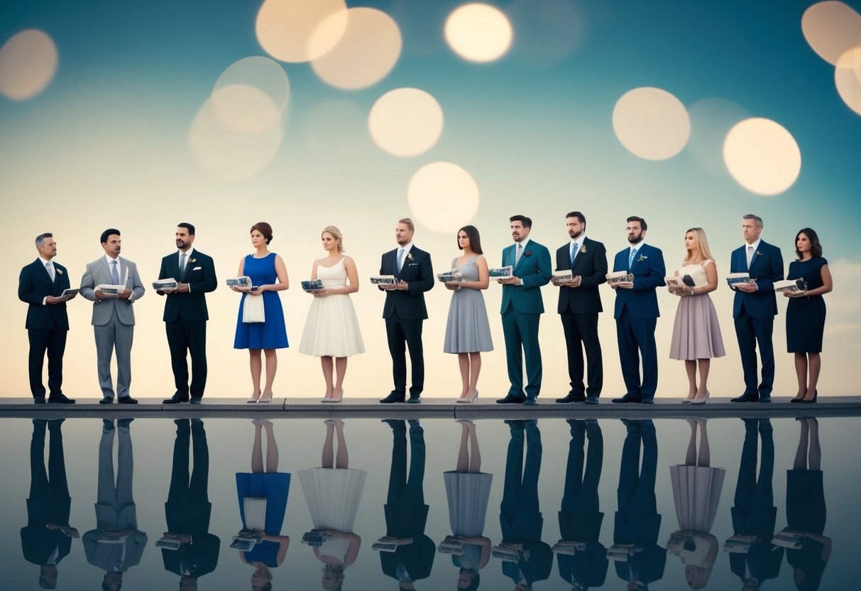 A group of diverse individuals standing in line, each holding different items representing their inability to be a wedding witness