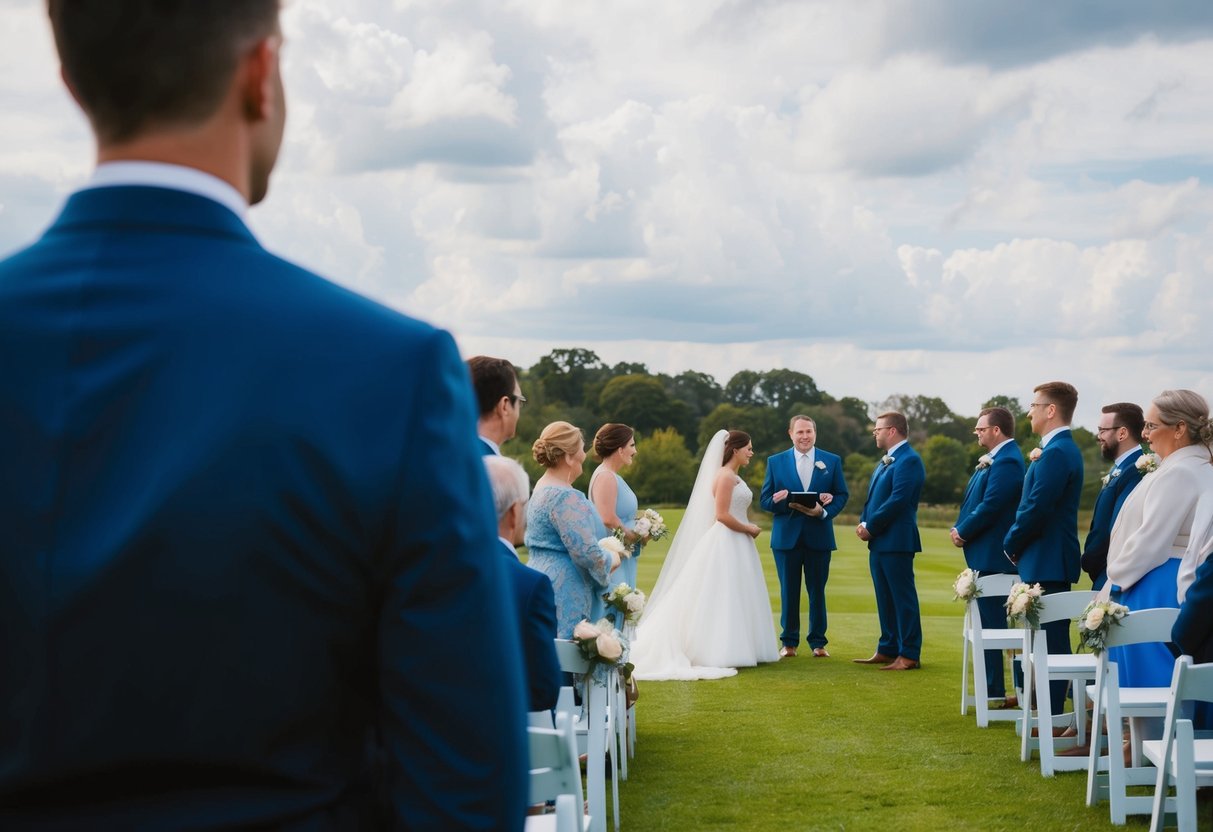 A figure standing at a distance, observing a wedding ceremony with a sense of solemnity and respect, but with an air of detachment and non-participation