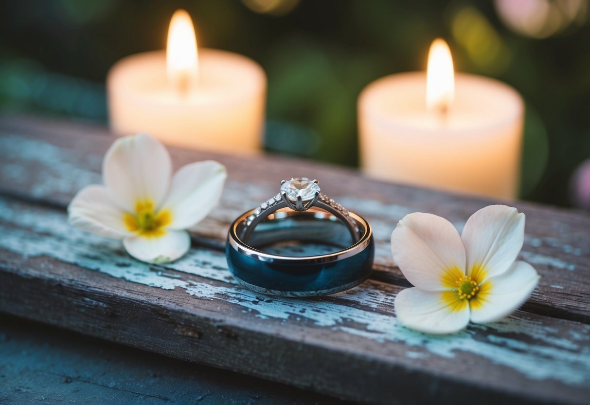 A wedding ring resting on a weathered wooden surface, surrounded by soft candlelight and delicate flower petals