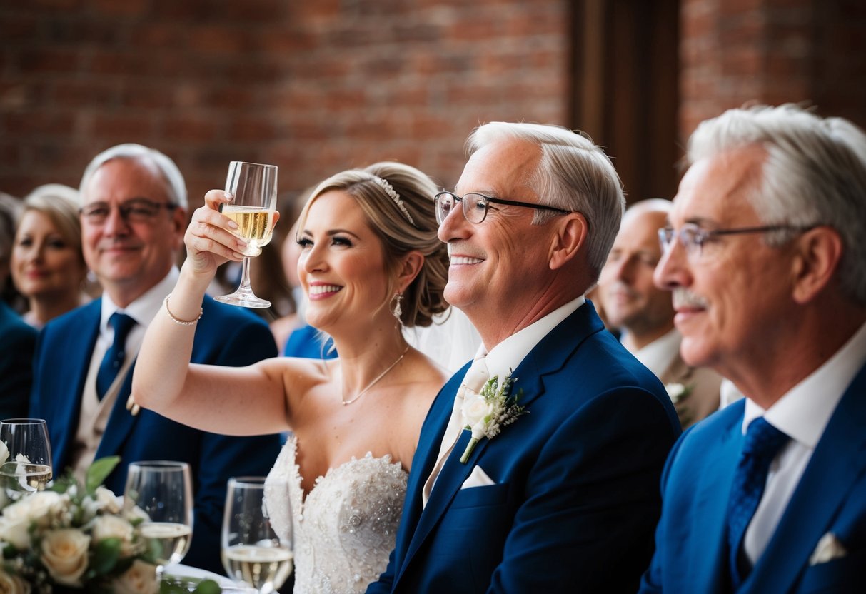 The bride's parents raise their glasses, smiling, as guests listen attentively