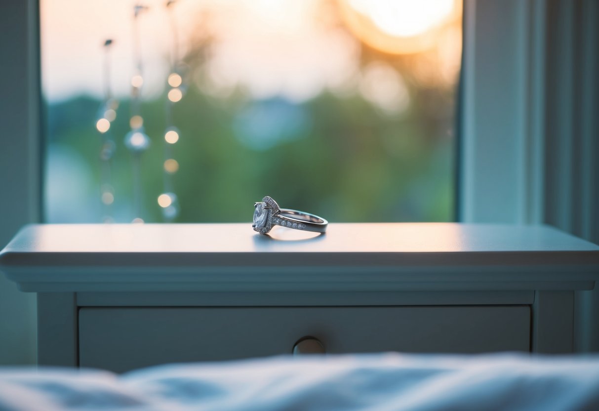 A wedding ring resting on a bedside table, illuminated by soft morning light streaming through a window
