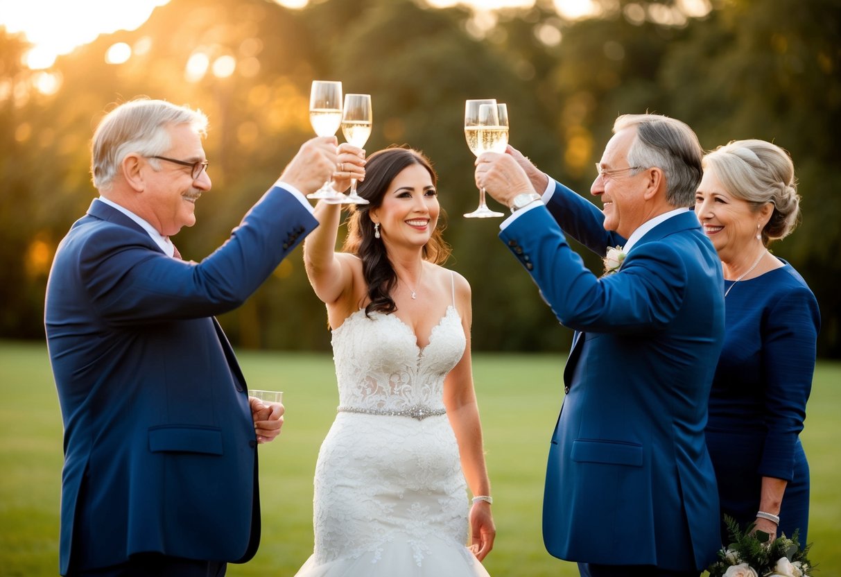 The parents of the bride stand together, raising their glasses in a toast, surrounded by a warm and joyful atmosphere