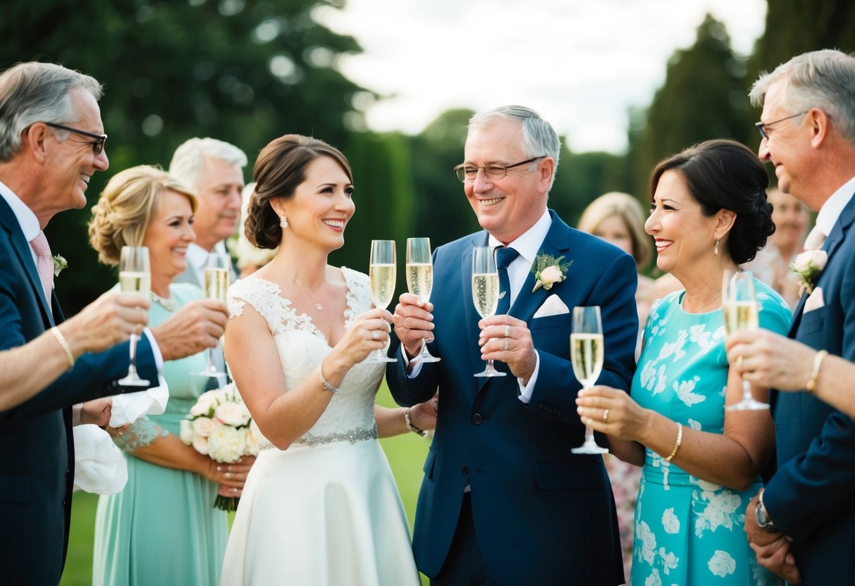 The parents of the bride stand together, smiling and holding glasses of champagne. They raise their glasses in a toast, surrounded by family and friends