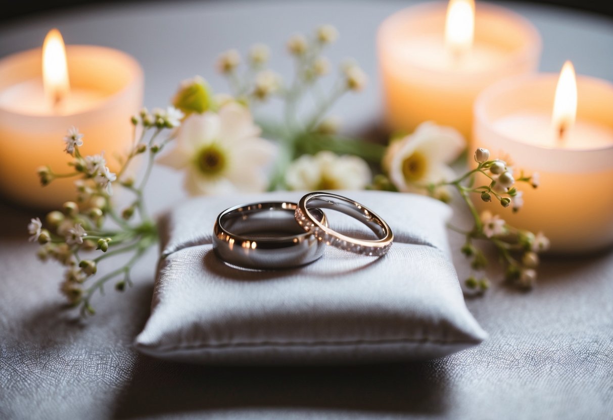 A pair of wedding rings placed on a cushioned surface, surrounded by delicate flowers and soft candlelight