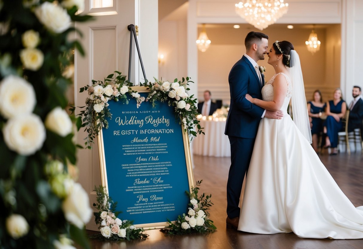 A couple places a beautifully decorated sign with their wedding registry information at the entrance of their reception venue