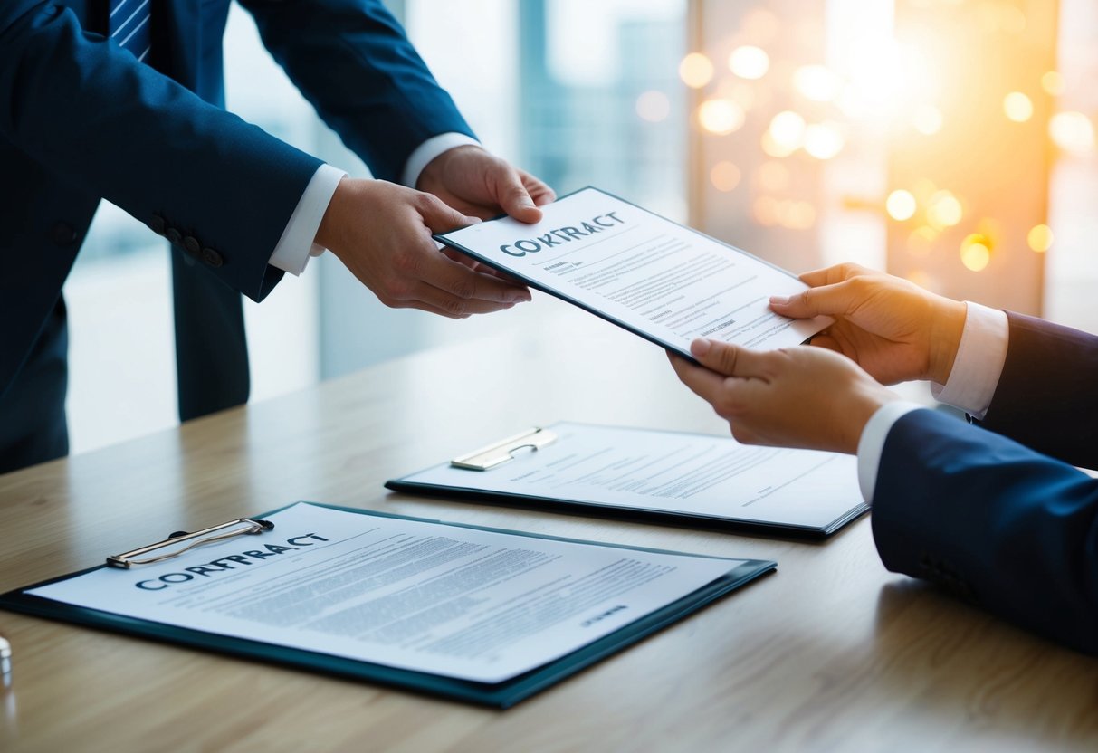 A person handing over official documents and a legal contract to another person