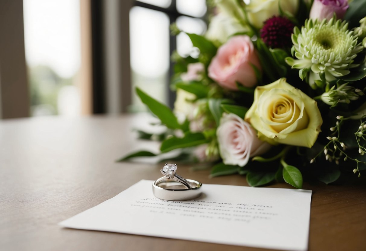 A wedding ring placed on a table with a bouquet of flowers and a note