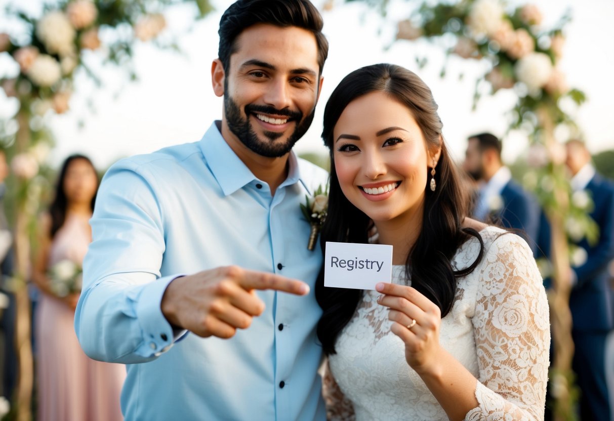 A couple pointing to a small card with registry information, smiling, while surrounded by wedding decorations