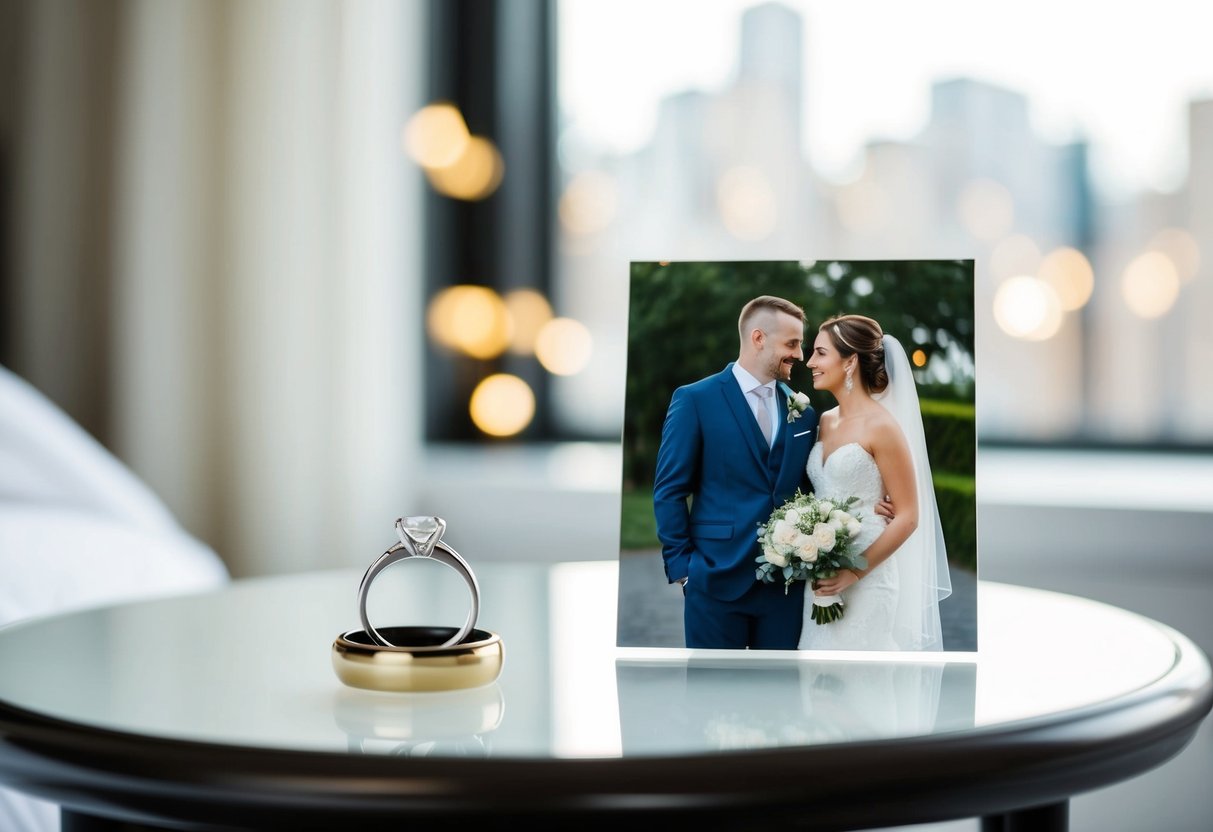 A wedding ring placed on a bedside table, next to a photo of the couple on their wedding day