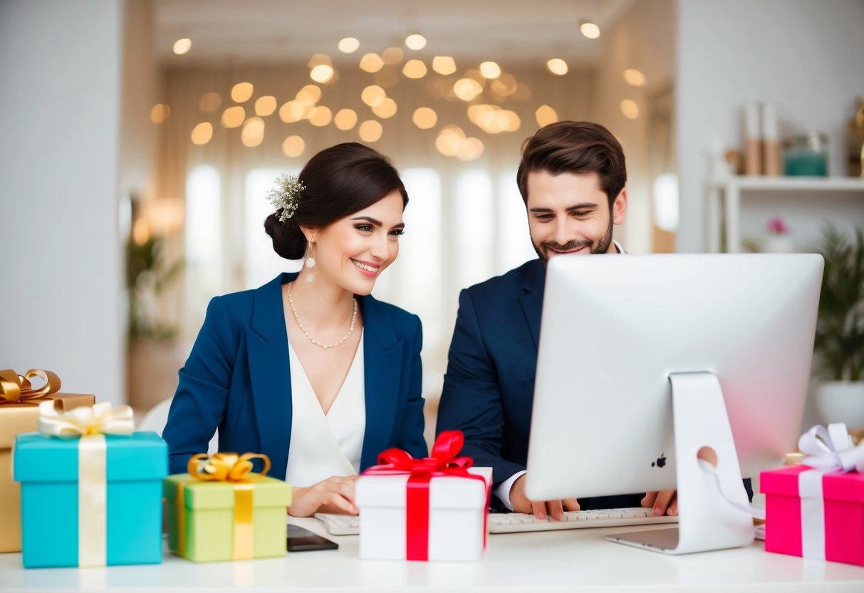 A couple sitting at a table, surrounded by gifts and a computer, politely sharing their wedding registry with friends and family