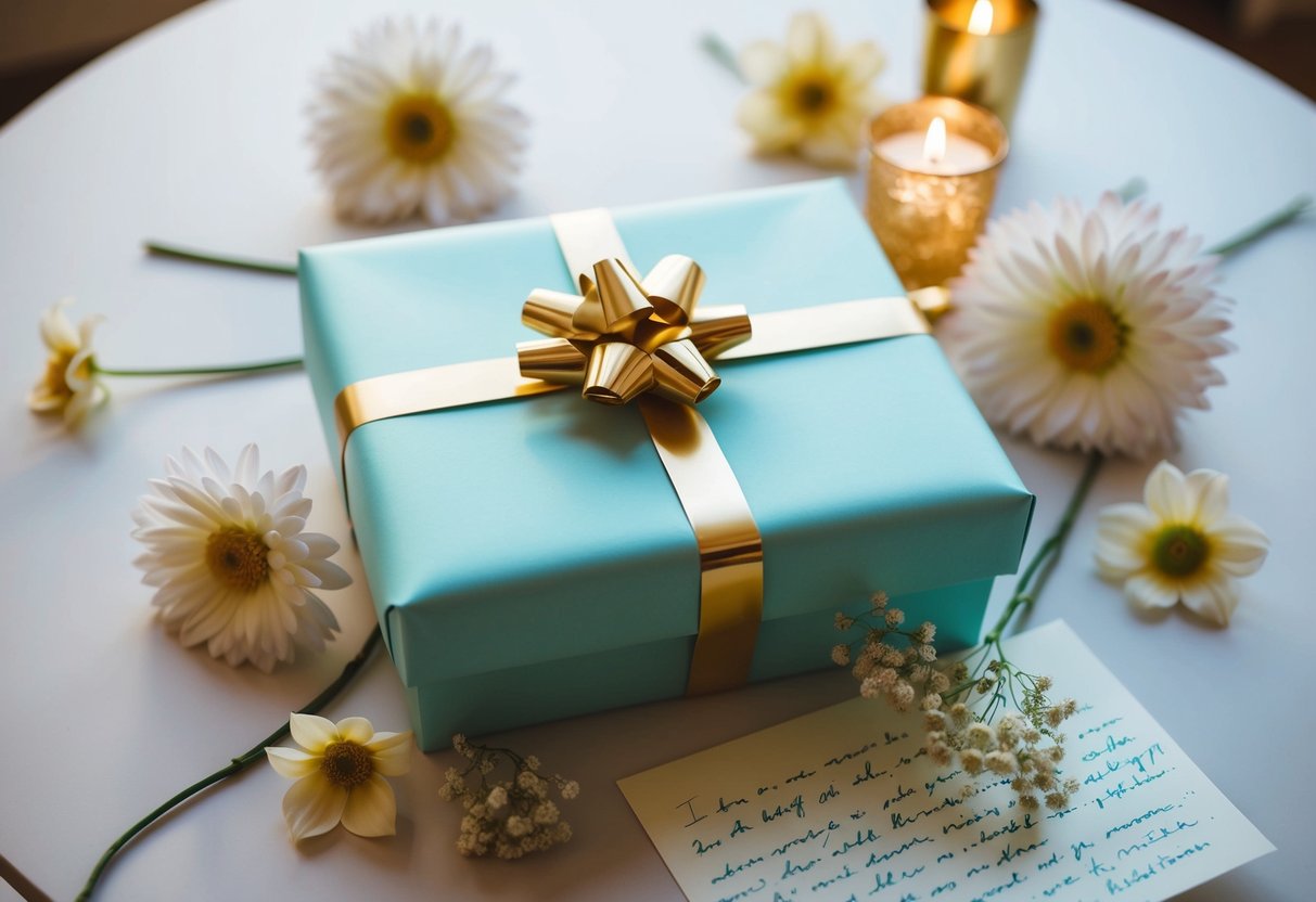 A beautifully wrapped gift box sits on a table, surrounded by delicate flowers and a handwritten note