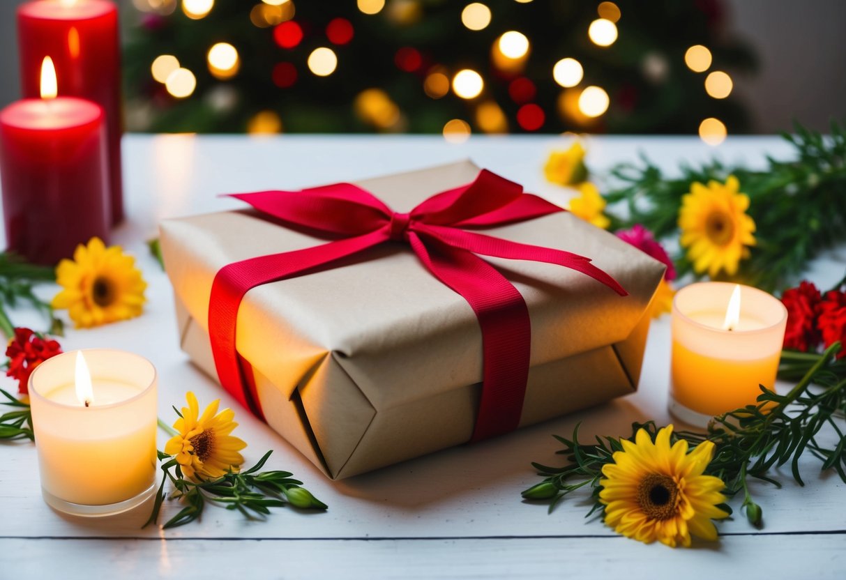 A wrapped present on a table, surrounded by flowers and candles