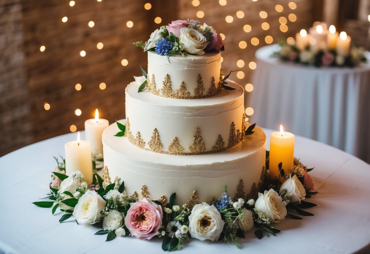 A beautifully decorated wedding cake surrounded by flowers and candles