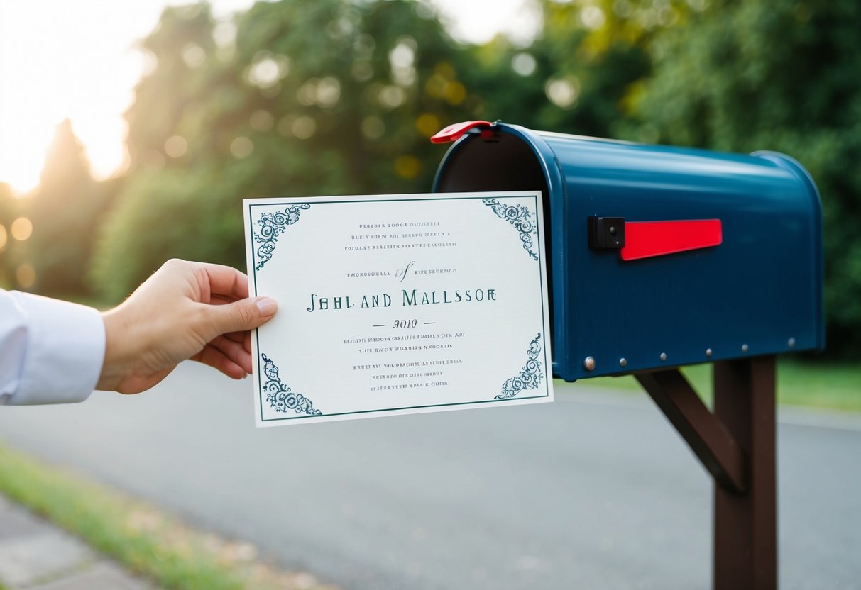 A beautifully designed wedding announcement being placed in a mailbox
