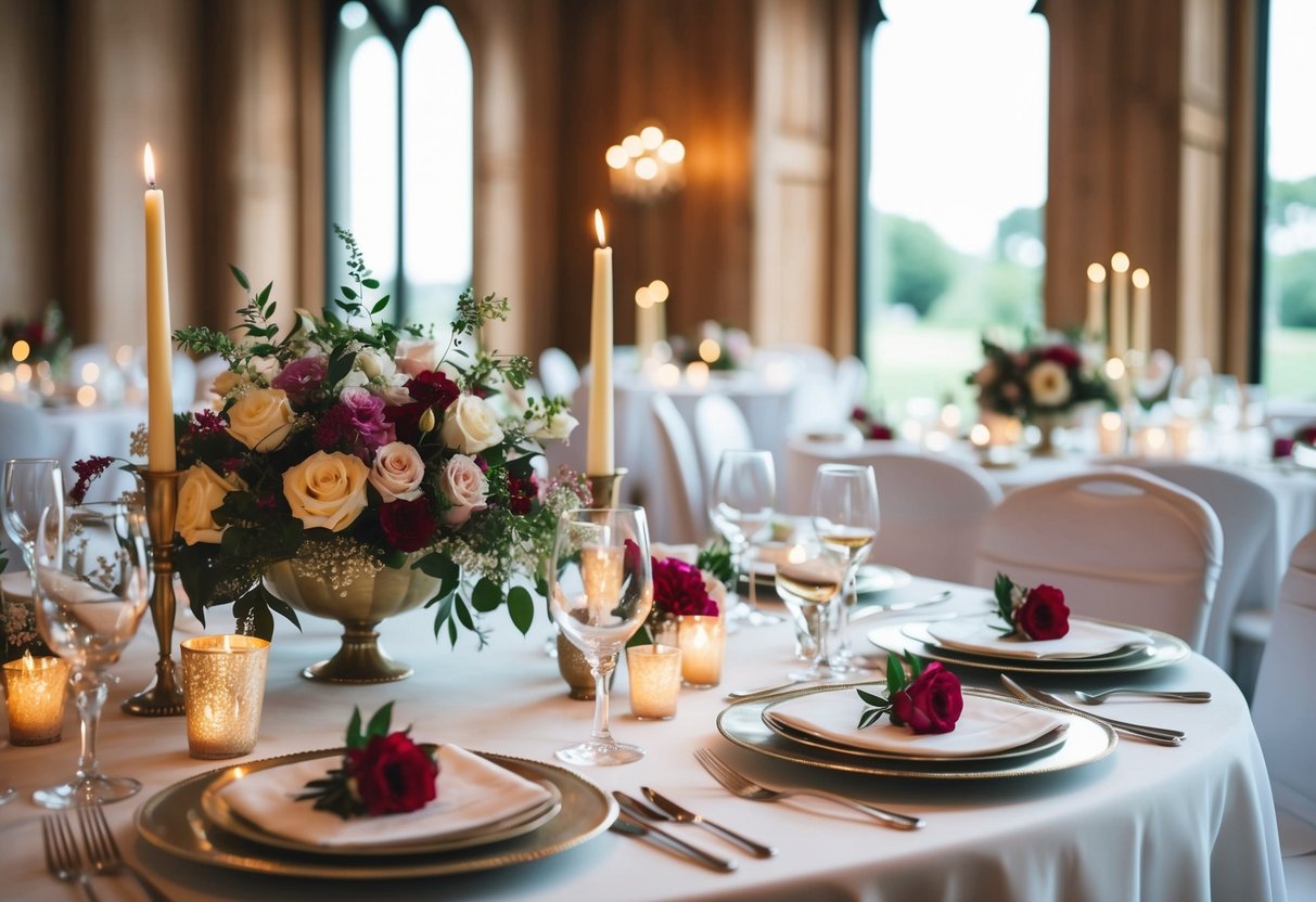 A beautifully decorated wedding table with flowers, candles, and elegant place settings