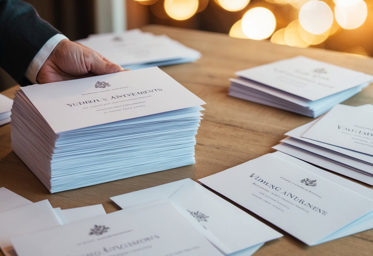 A stack of elegant wedding announcements being sorted and prepared for mailing