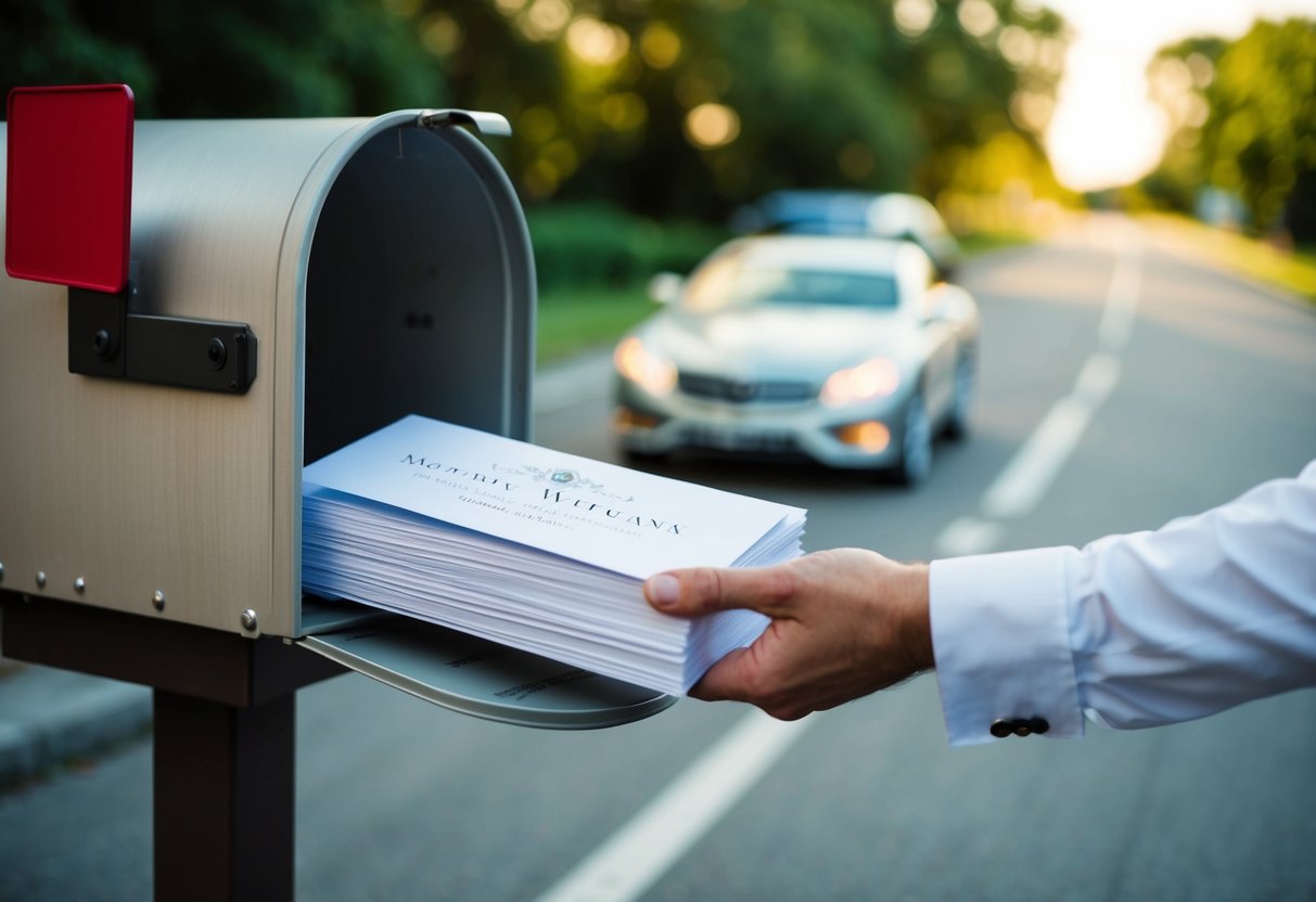 A stack of elegant wedding announcements being placed in a mailbox