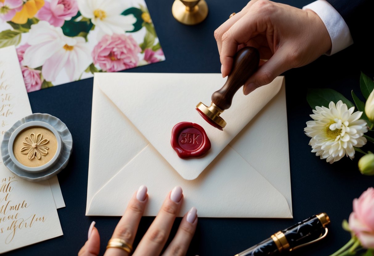 An elegant envelope being sealed with a wax stamp, surrounded by floral stationery and a calligraphy pen