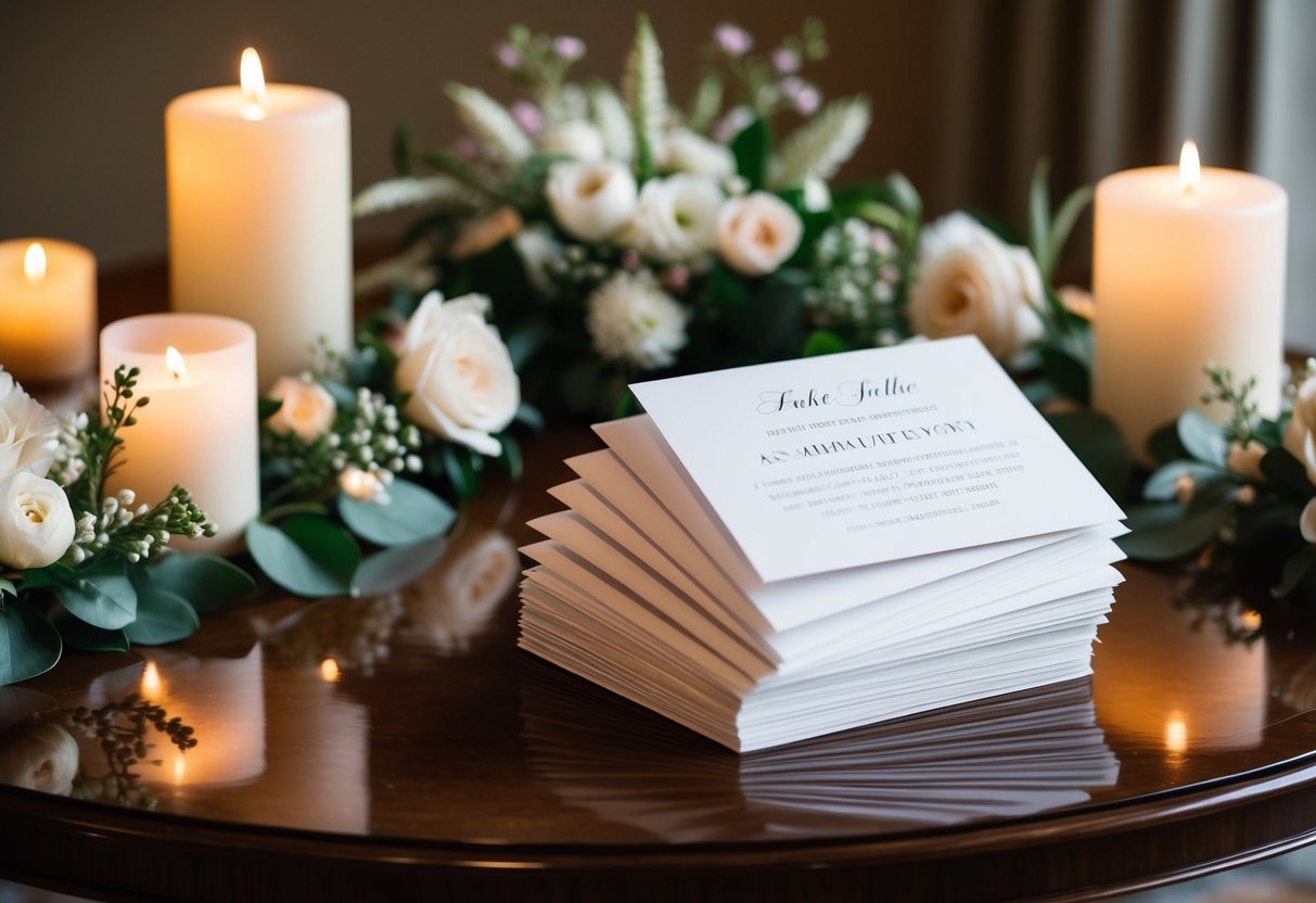 A stack of elegant wedding announcement cards sits on a polished wooden table, surrounded by delicate floral arrangements and soft candlelight