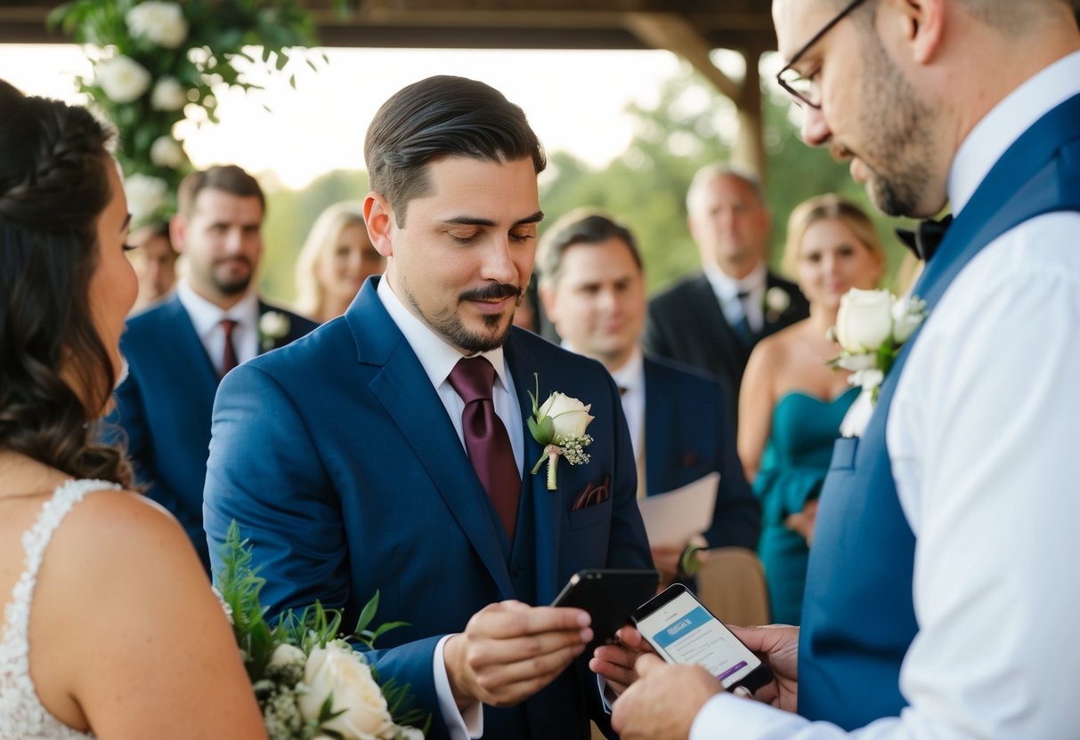 A wedding officiant checking IDs of guests at a ceremony