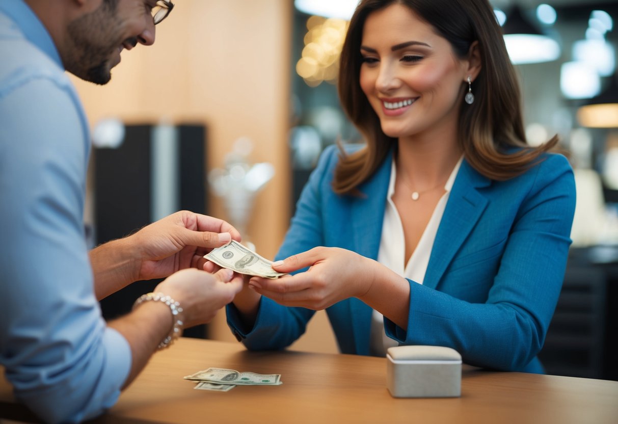 A woman hands over money to a jeweler in exchange for a wedding band