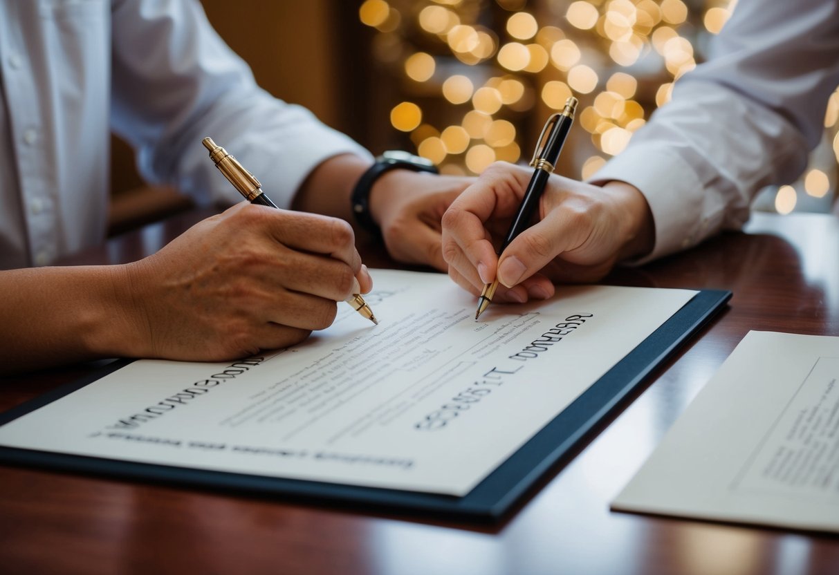 Two witnesses signing marriage certificate with a pen on a table