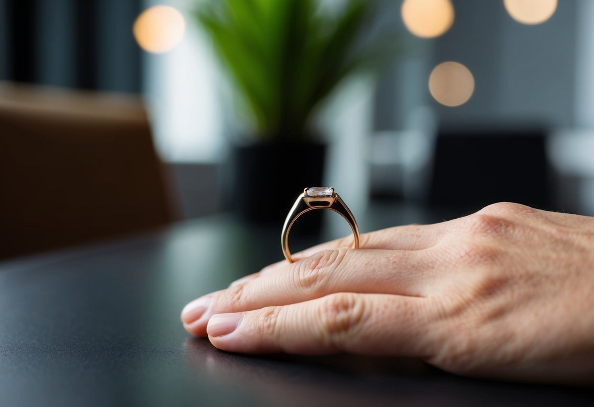 A bare finger resting on a table, with the outline of a ring still visible