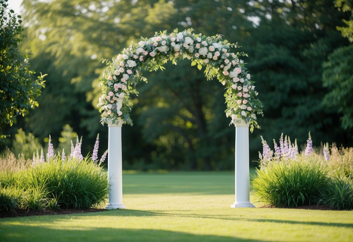 A serene outdoor setting with a flower-adorned arch, surrounded by lush greenery and a gentle breeze