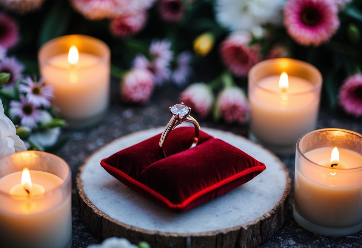 A ring placed on a velvet cushion, surrounded by flowers and candles