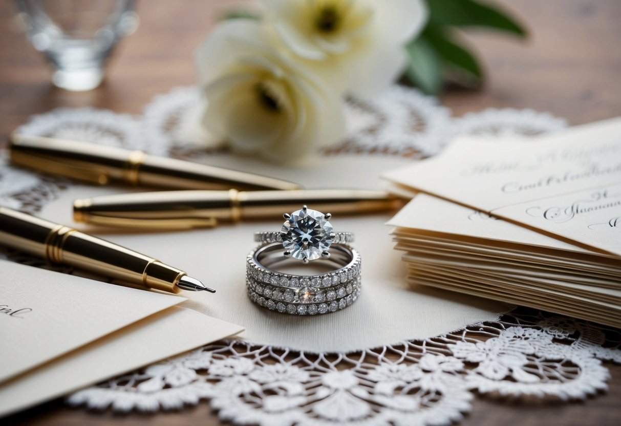 A sparkling diamond ring on a lace-covered table, surrounded by elegant calligraphy pens and a stack of blank, luxurious wedding invitations
