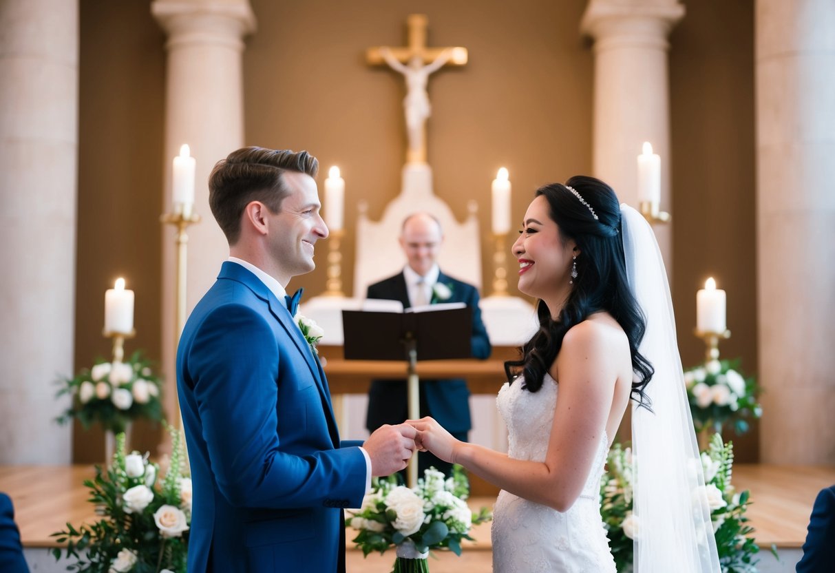 A couple standing in front of a wedding altar, exchanging personalized vows with a serene and joyful expression on their faces