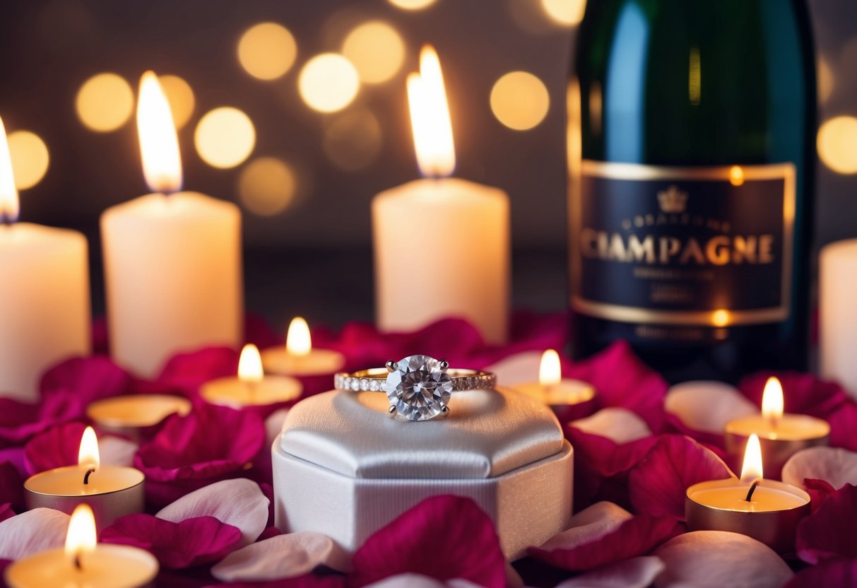 A sparkling engagement ring on a bed of rose petals, surrounded by flickering candles and a bottle of champagne
