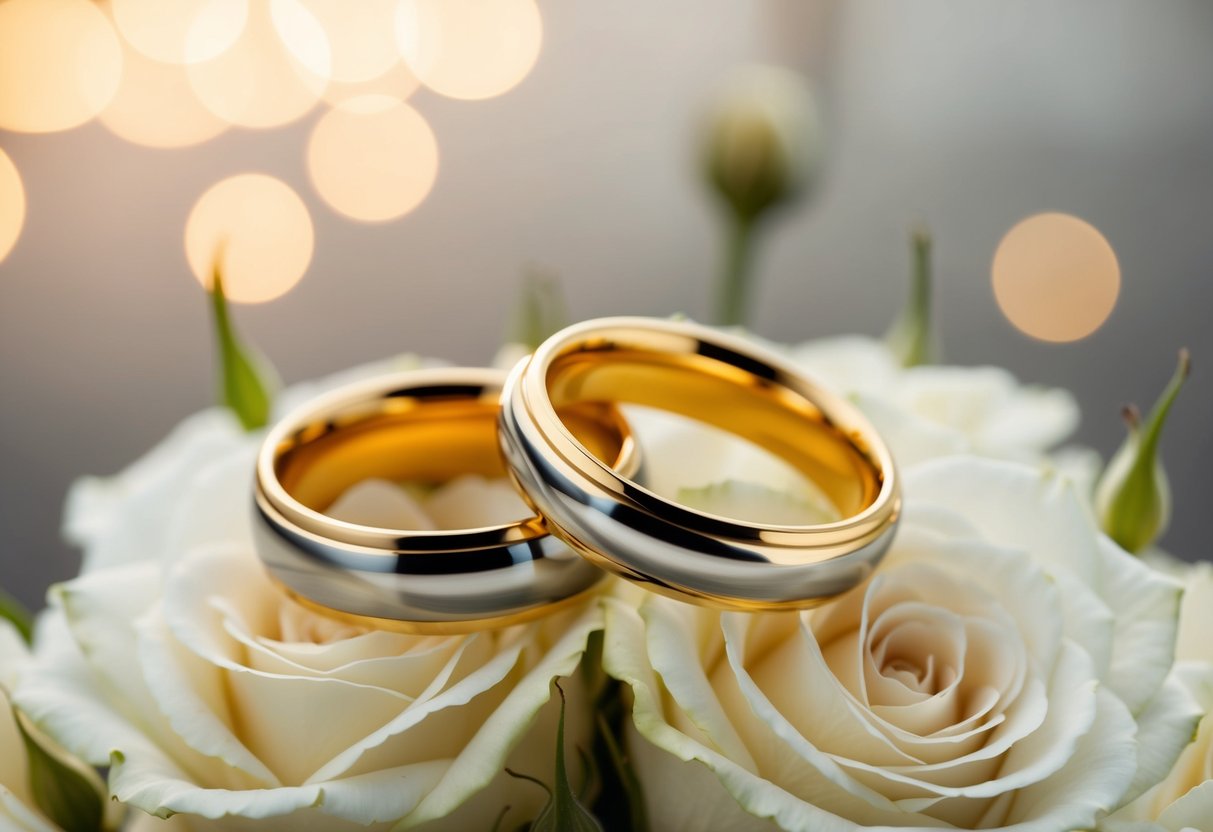 A pair of intertwined golden rings resting on a bed of delicate white roses, symbolizing eternal love and commitment
