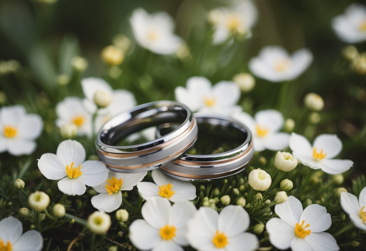A pair of entwined wedding rings resting on a bed of delicate white flowers, symbolizing the eternal bond of a newly married couple