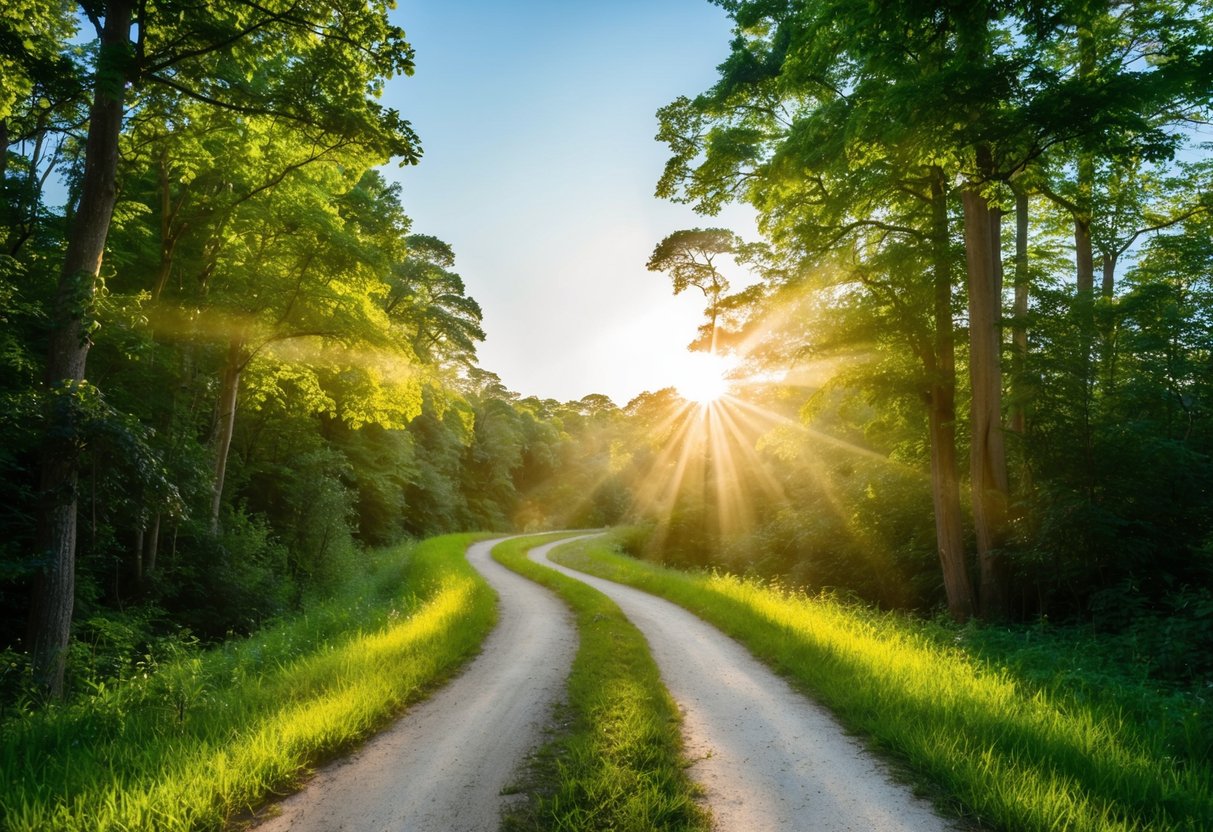 A winding path through a lush forest, with sunlight filtering through the trees and a clear, open sky above