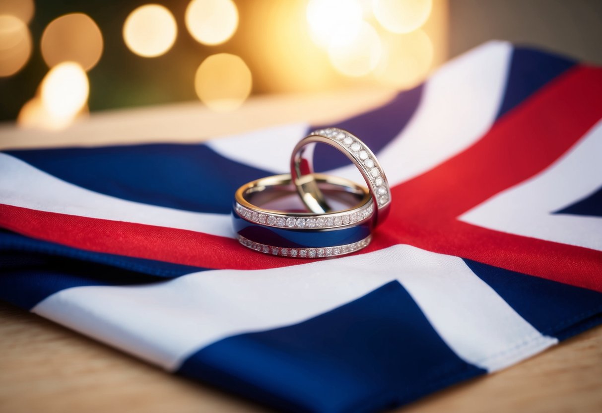 A British flag draped over a right-hand wedding ring on a table