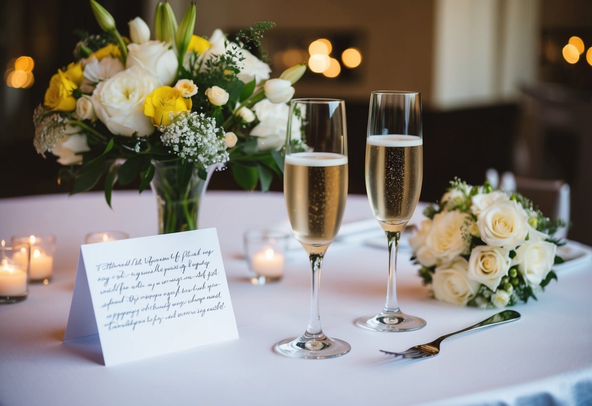 A table set with a wedding cake, champagne flutes, and a bouquet of flowers. A card with a handwritten message sits next to the items