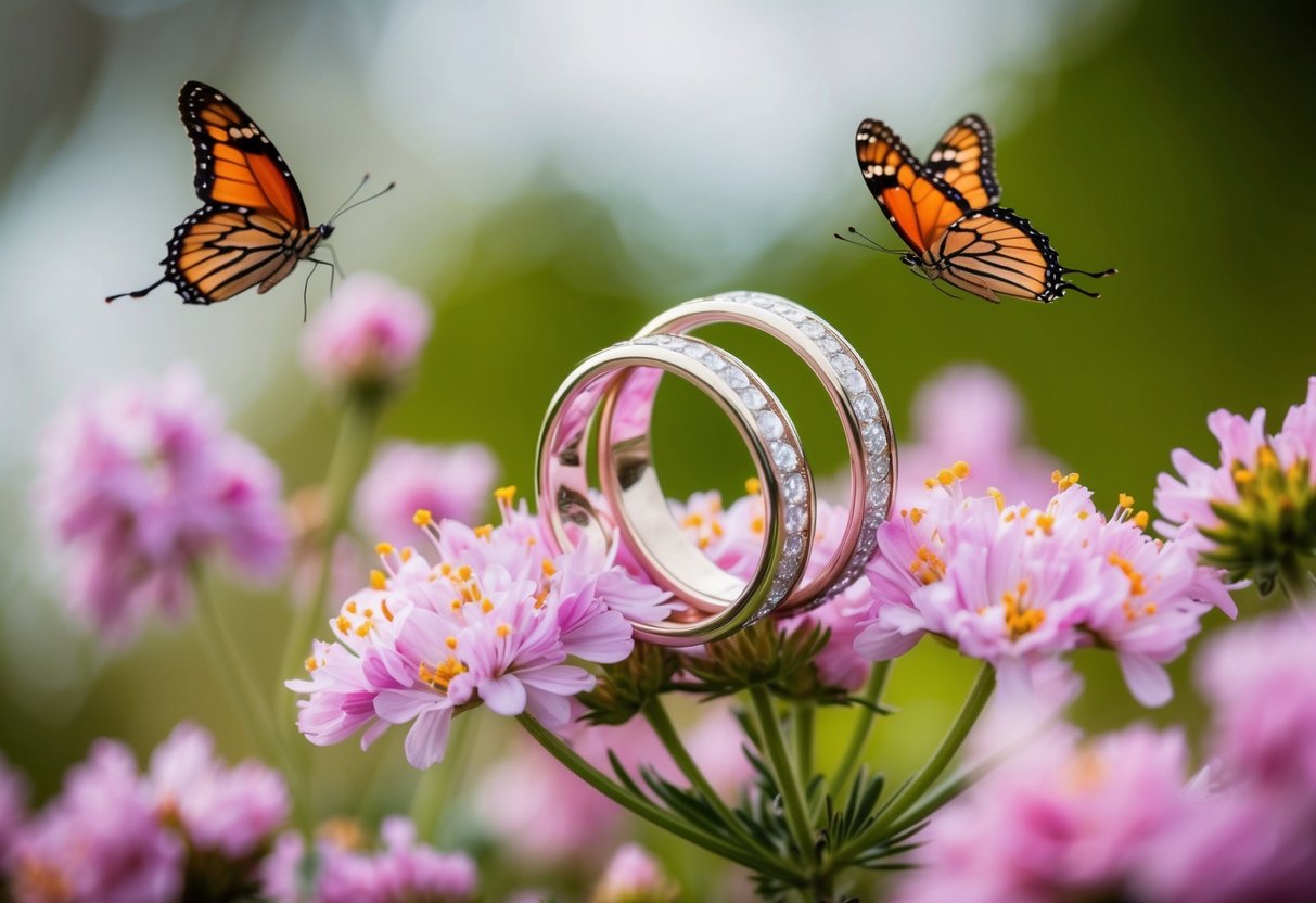 A pair of entwined rings surrounded by blooming flowers and fluttering butterflies