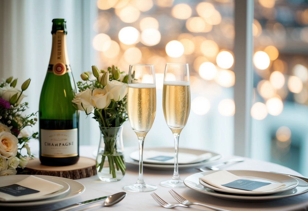 A table set for two with champagne, flowers, and a wedding photo
