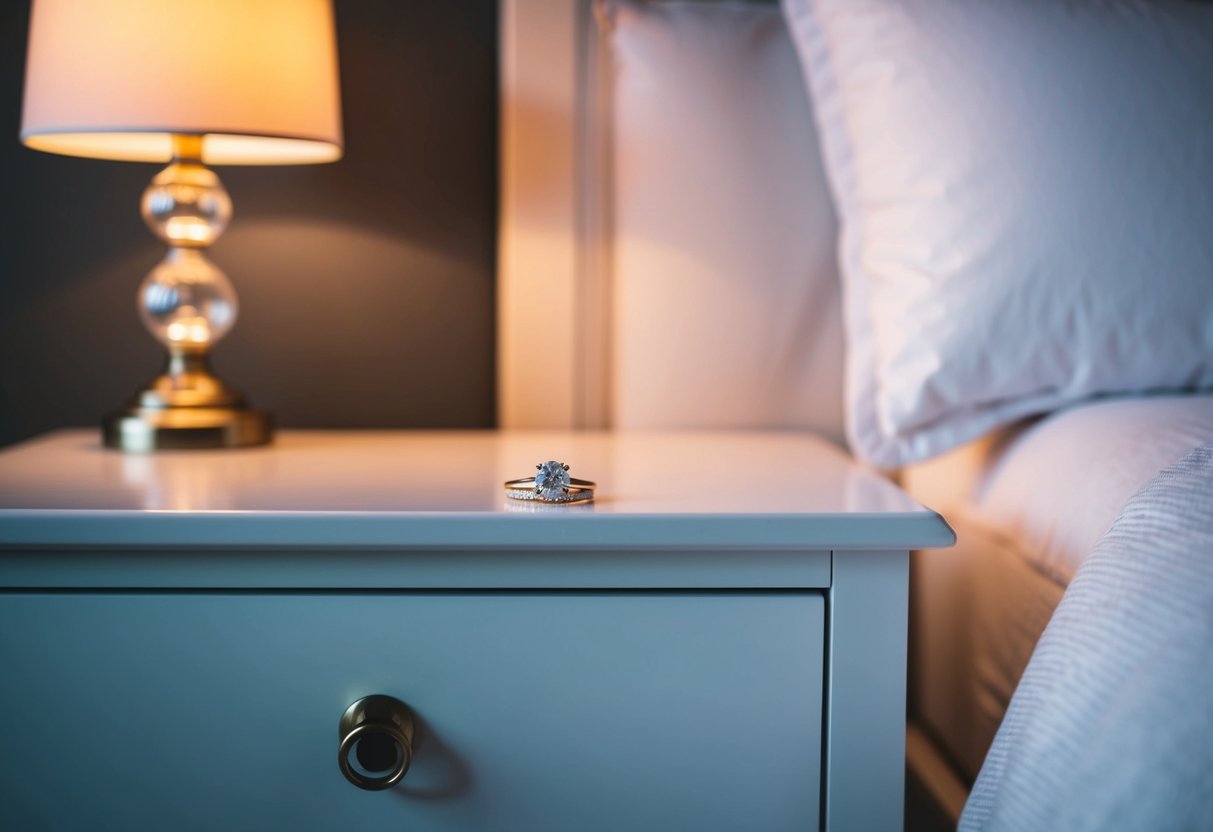 A bedside table with a wedding ring resting on top, illuminated by the soft glow of a lamp