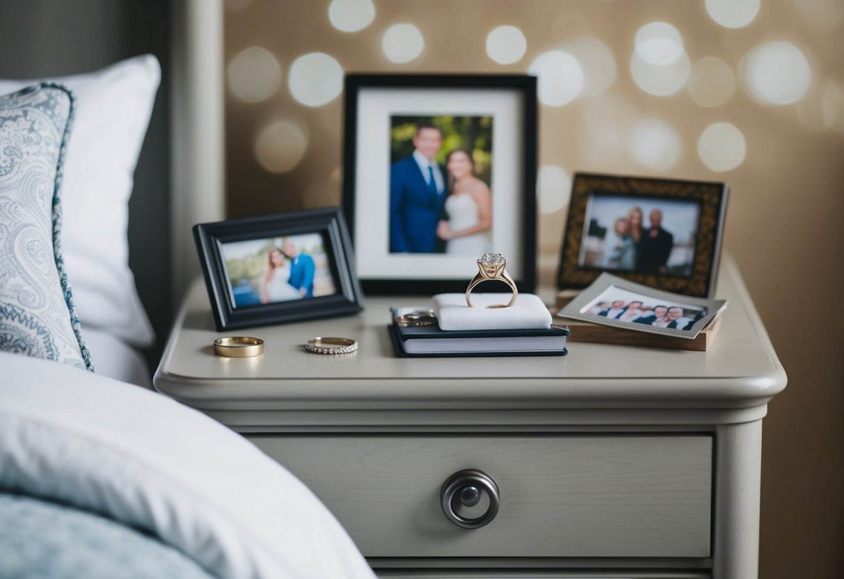 A bedside table with a wedding ring resting on top, surrounded by family photos and mementos